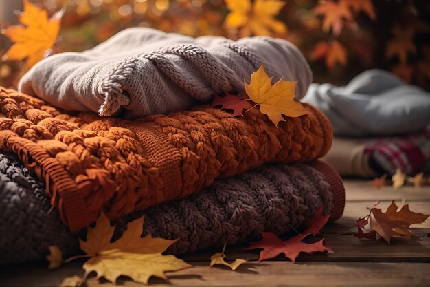 Autumn background with cozy sweaters