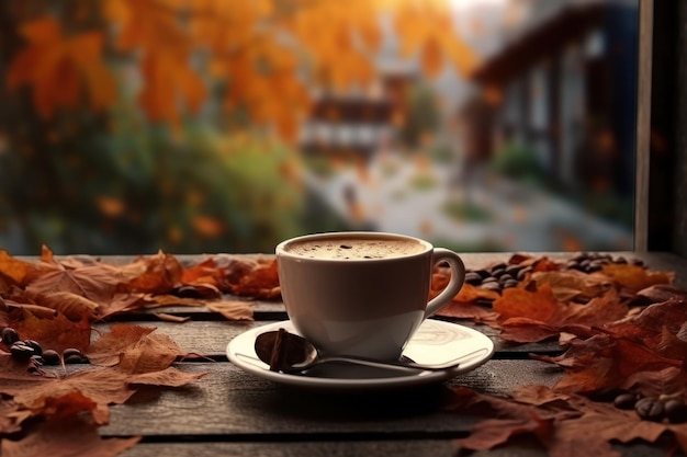 Autumn background with cup of coffee Illustration AI GenerativexA