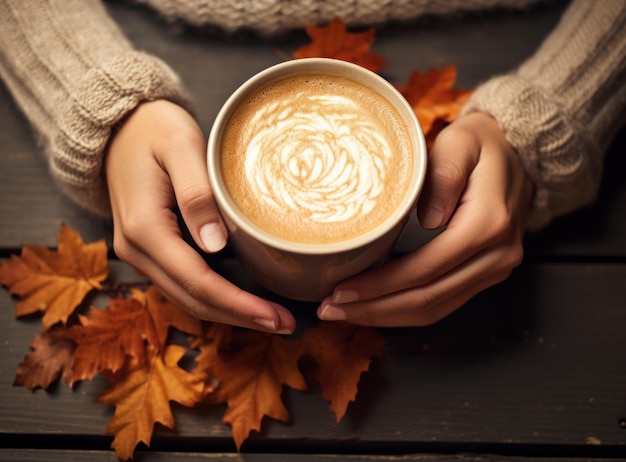 Autumn background with cup of coffee