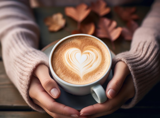 Autumn background with cup of coffee