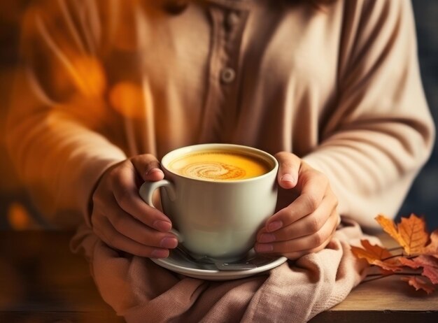 Autumn background with cup of coffee