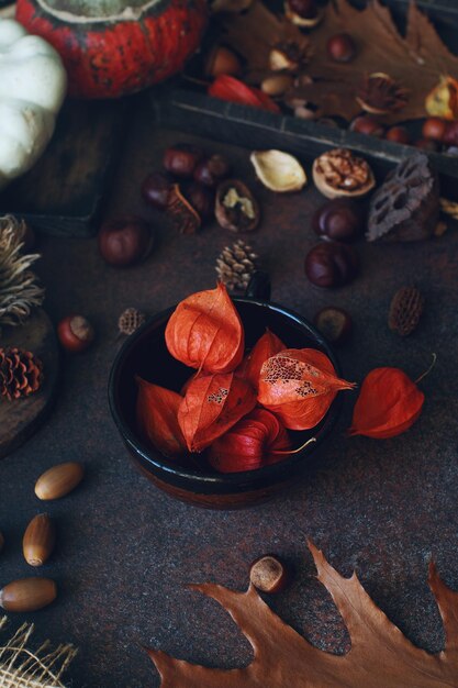 Autumn background with decorative pumpkin acorns nuts and autumn leaves on dark stone table harvest still life composition thanksgiving background