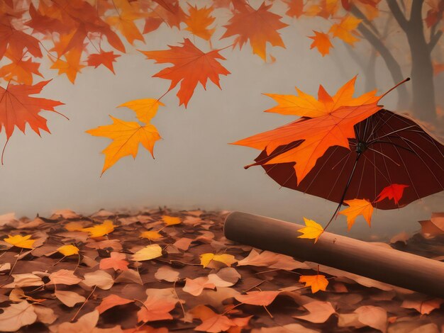 Autumn background with fallen leaves and umbrella ai generated