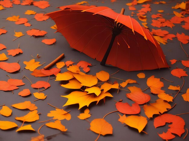 Foto sfondio autunnale con foglie cadute e ombrello ai generato