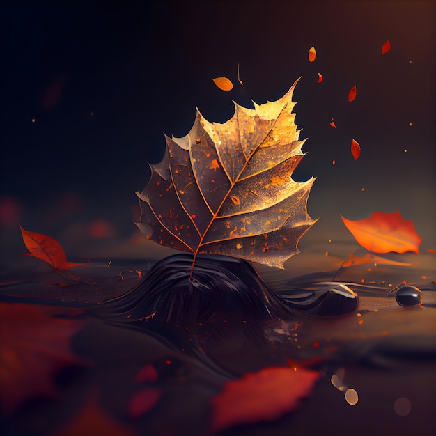 Autumn background with falling leaves and water splashes 3d illustration