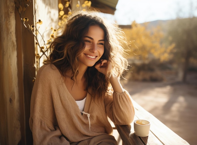 写真 コーヒーを飲んでいる女の子の秋の背景