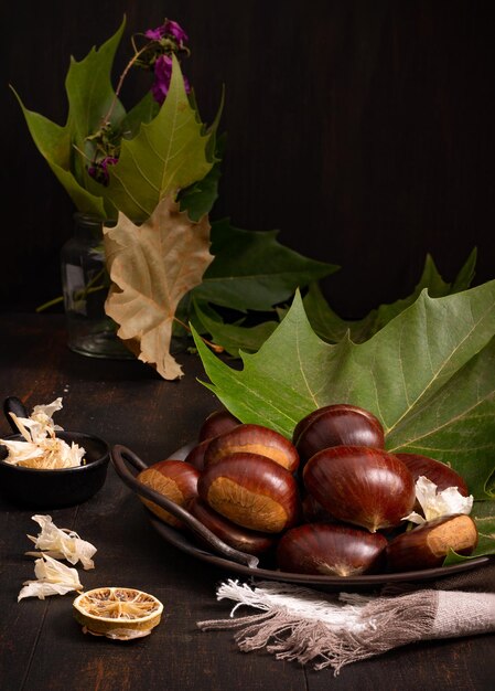 Autumn background with Italian chestnuts