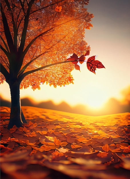 Autumn background with leaf and tree with sunset