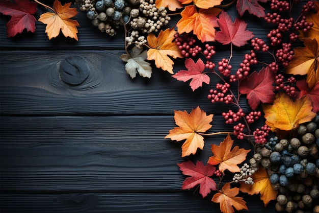 Autumn background with leaves and berries on a black wooden background