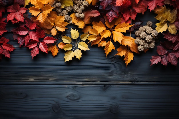 Autumn background with leaves and berries on a black wooden background