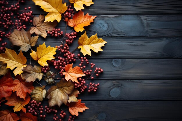 Autumn background with leaves and berries on a black wooden background