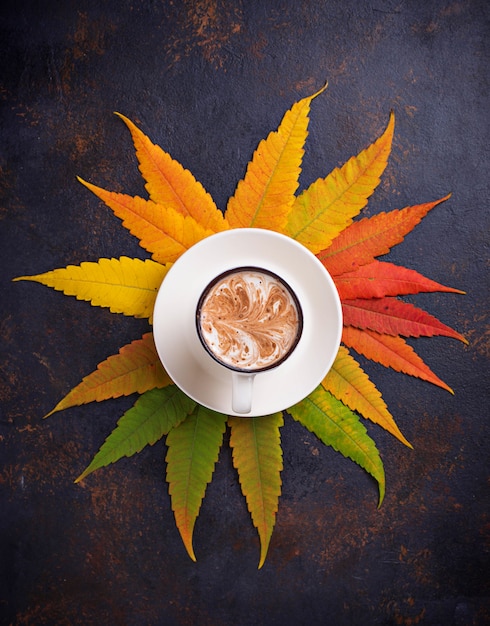 Autumn background with leaves and cup of coffee. 