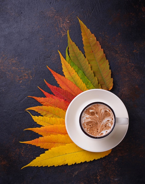 Autumn background with leaves and cup of coffee. 