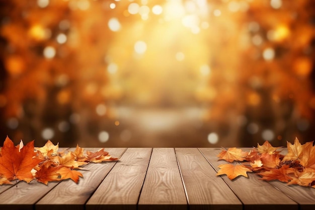 Autumn background with leaves on the table