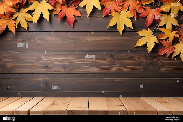 Autumn background with maple leaves and empty wood shelf Fall background with copy space for product display