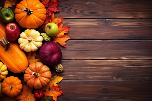 Autumn background with pumpkins apples and leaves on wooden table