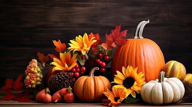 Autumn background with pumpkins flowers leaves and berries