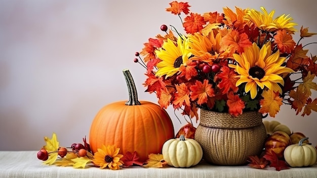 Autumn background with pumpkins flowers leaves and berries