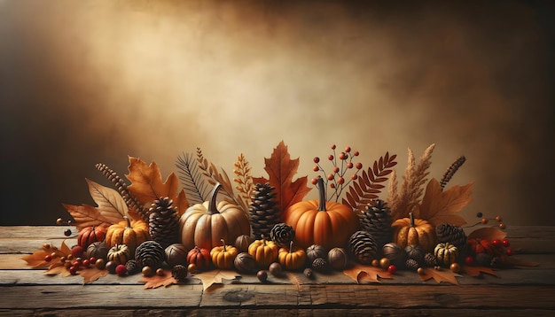 Autumn background with pumpkins leaves and berries on wooden table