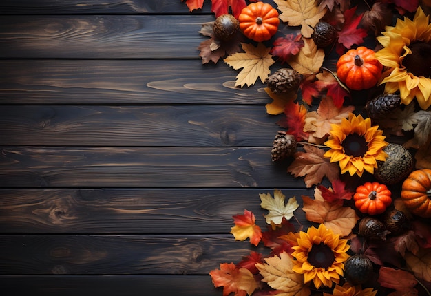 Photo autumn background with pumpkins leaves and cones on wooden background