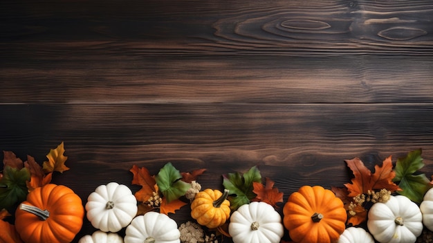 Autumn background with pumpkins and leaves on dark wooden board Generative AI