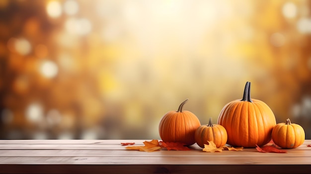 Autumn background with pumpkins and leaves on wooden floor thanksgiving background theme