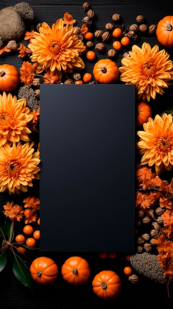 Осенний фон с тыквами и оранжевыми цветами на пустой черной деревянной доске концепция Хэллоуина