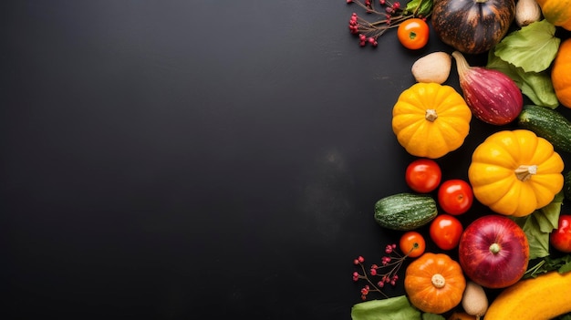 Photo autumn background with pumpkins and vegetables on blackboard top view generative ai