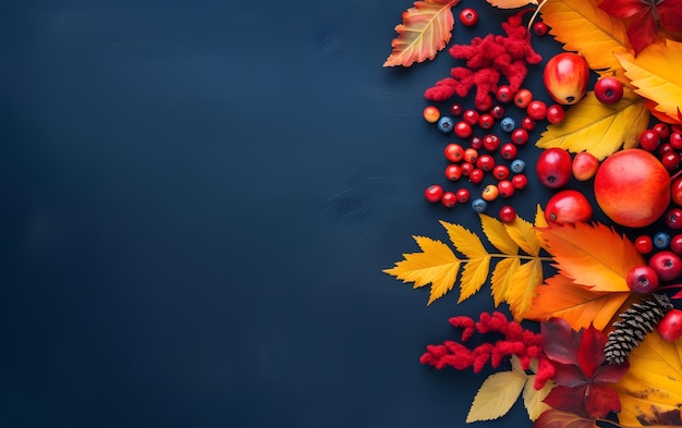 Autumn background with red and yellow leaves and berries on a dark blue background.