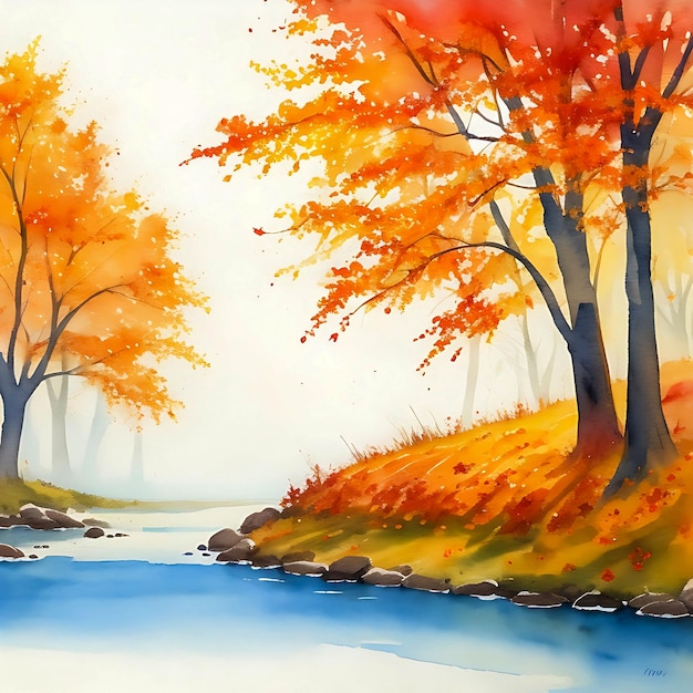 Autumn Background With water Color Maple Tree