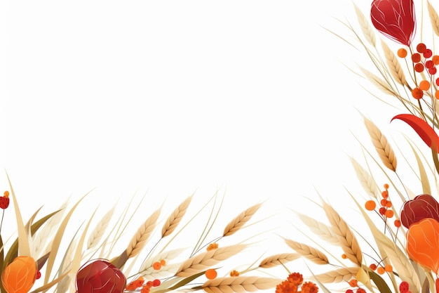 an autumn background with wheat and flowers on a white background