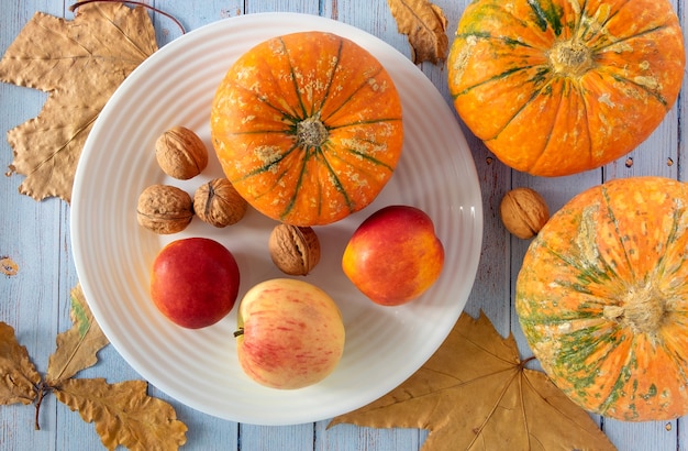 Autumn background with white plate, small pumpkins, fruits, walnuts.