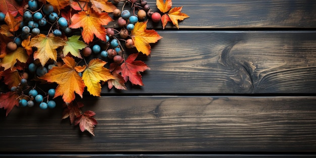 Autumn background with wooden table and colored fall leaves Composition with copy space