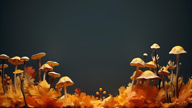 Autumn background with yellow leaves and mushrooms Copy space