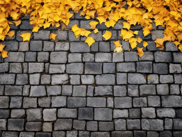 Photo autumn background with yellow leaves on old gray pavement or granite cobblestone road top view