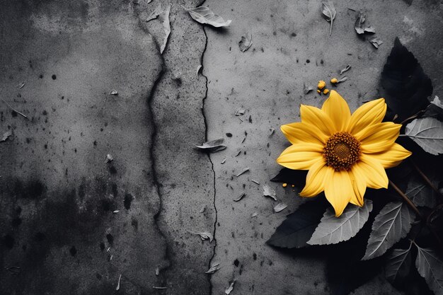 Foto sfondio autunnale con un girasole giallo e petali su cemento scuro