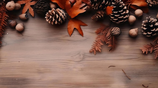 Осенний баннер фон с листьями и сосной на деревянном полу