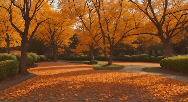 秋の美しい花が満開の木々 地面の枯れ葉 AI 生成