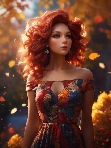 公園で赤褐色の髪を持つ花柄のドレスを着た秋の美しさの女性