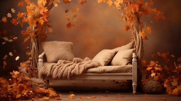 Autumn bedroom living room interior red yellow leaves flowers vase image Ai generated art