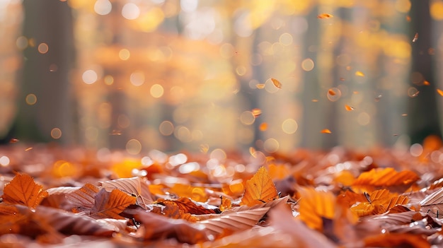 Autumn beech leaves decorate a beautiful nature bokeh background with forest ground wide panorama format