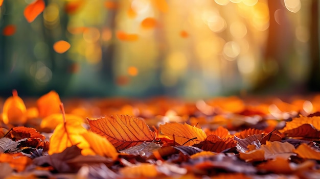 Autumn beech leaves decorate a beautiful nature bokeh background with forest ground wide panorama format