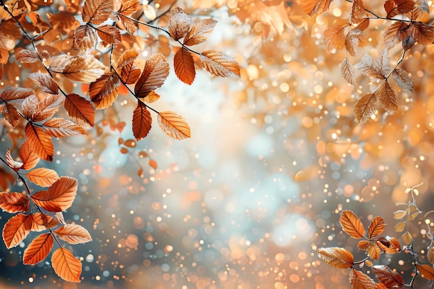 Autumn beech leaves on nature bokeh background in forest