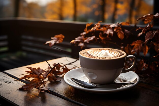 Autumn beige cozy background with cup of coffee