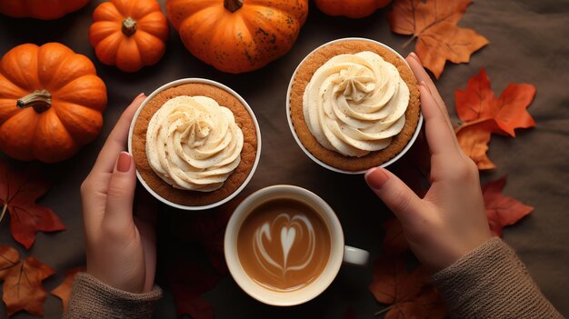 Autumn beverage with froth art in a warm cup