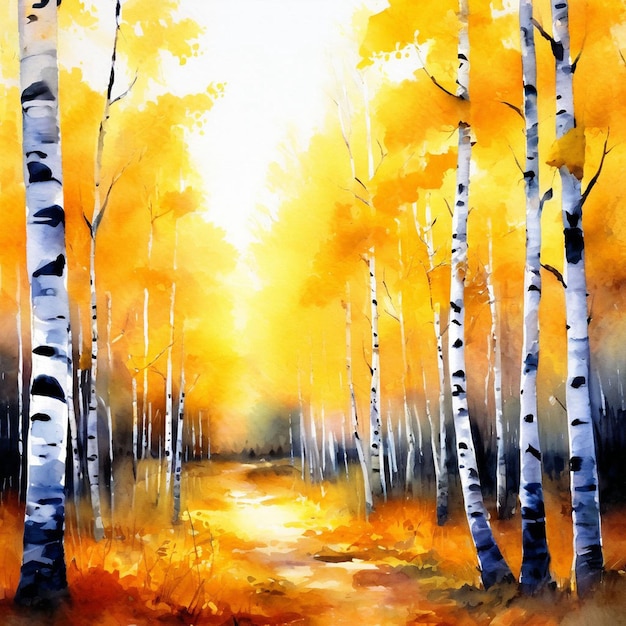 Autumn birch forest Watercolor painting on a white background