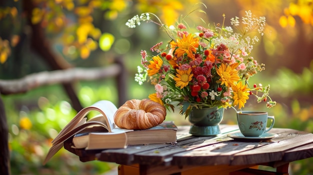 가을의 축복 책 꽃과 아침 식사와 함께 조용한 정원 피난처