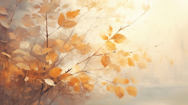 autumn blurred background morning forest in a sunny fog yellow fall leaves drawing layer painting