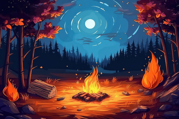 autumn bonfire in autumn forest in cartoon style