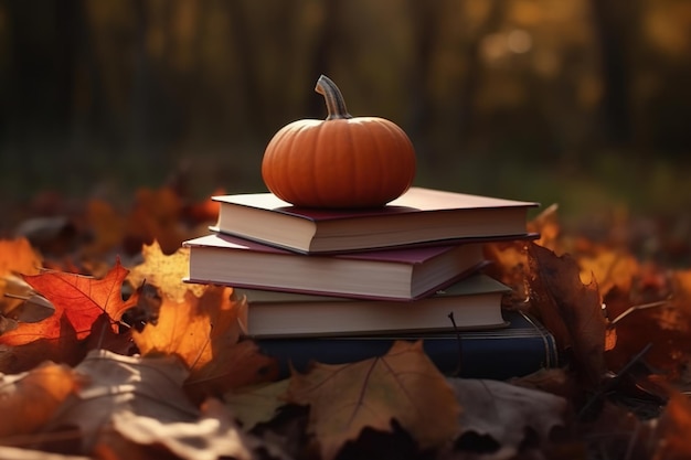 Autumn books Halloween books A stack of books and pumpkins on a bright yellow background of autumn foliage The concept of learning and education back to schoolAutumn season generative AI